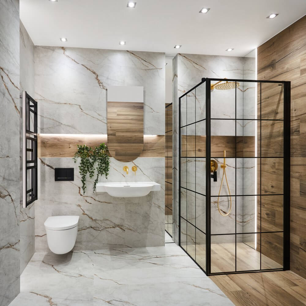Aranżacja szarej łazienki z drewnem | Salon HOFF