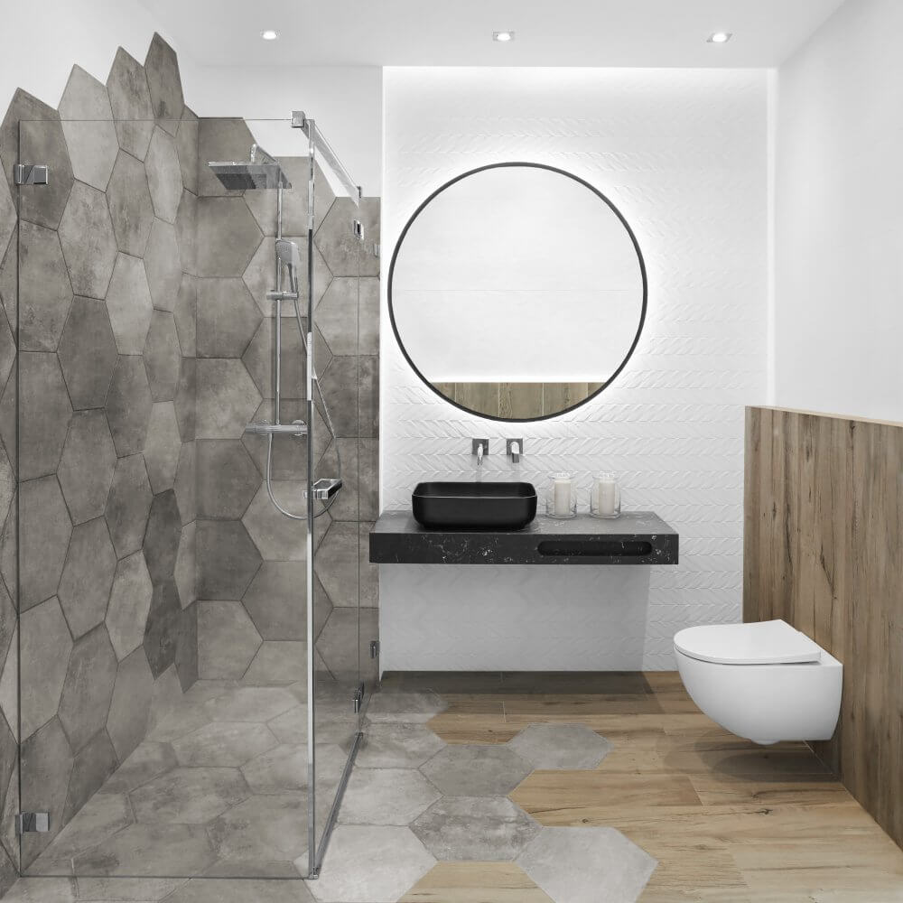Aranżacja łazienki z okrągłym lustrem CANDLE BLANCO | Salony HOFF
