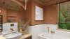 Łazienka w kolorze terakoty z drewnianym sufitem - wizualizacja łazienki Salon HOFF (2)