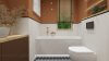 Łazienka w kolorze terakoty z drewnianym sufitem - wizualizacja łazienki Salon HOFF (3)