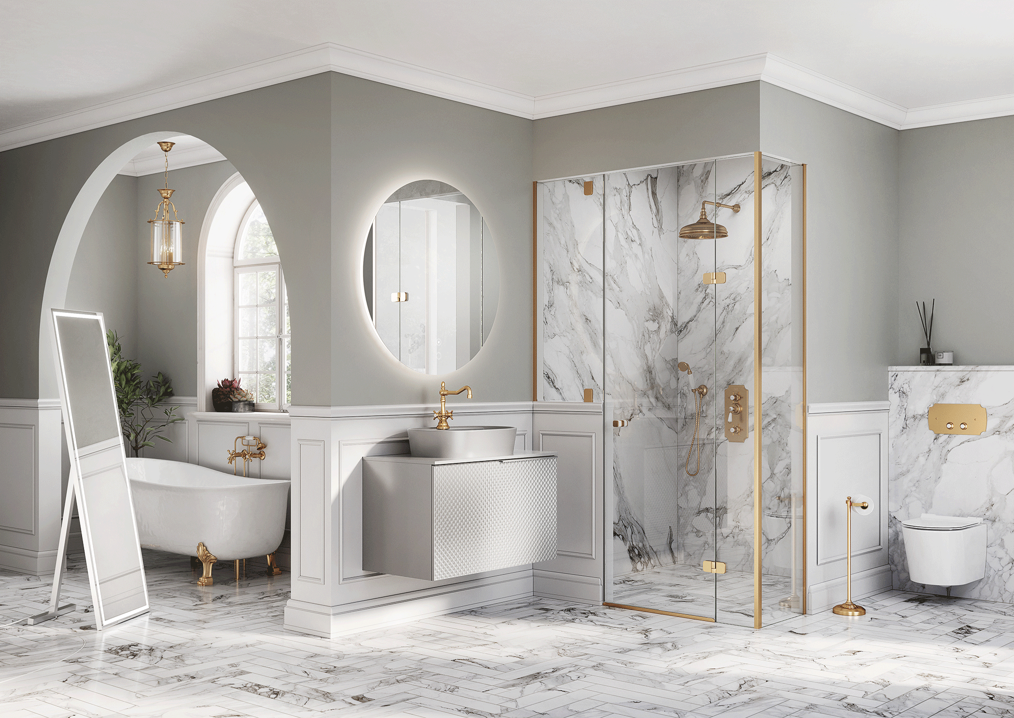 Elegancka biała łazienka glamour z dodatkami złota i sztukaterią 